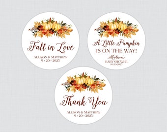 Printable OR Printed Orange Pumpkin and Leaves Favor Labels - Fall Themed Pumpkin Circle Stickers in Orange, Red, and Yellow -HSL08