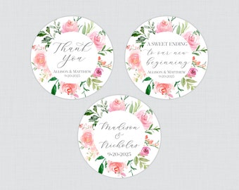 Printable OR Printed Pink Watercolor Flower Wedding Stickers - Pink Floral Circle Favor Labels, Personalized Favor Sticker for Weddings 0046