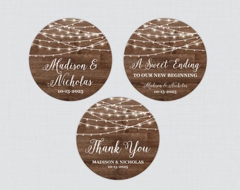 Printable OR Printed Rustic Wedding Stickers - Wood and String Lights Circle Wedding Labels, Personalized Favor Tags/Stickers Country 0036