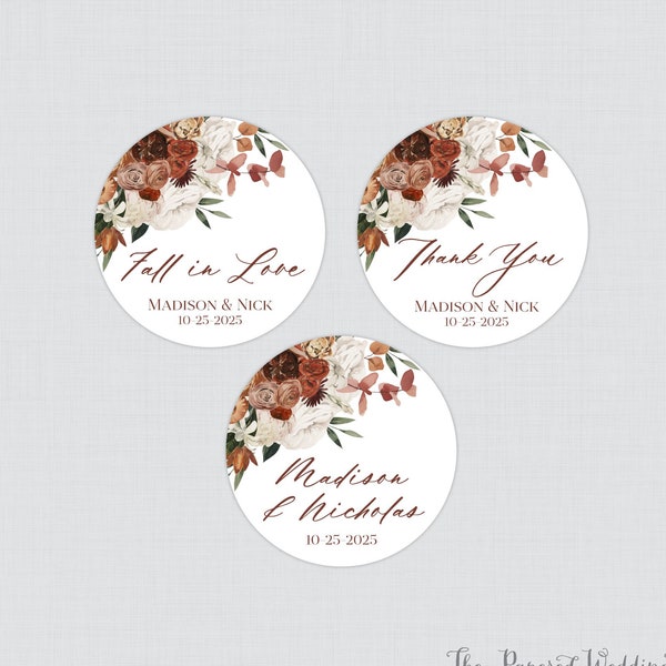 Printable OR Printed Autumn Floral Wedding Stickers in Rust and Cream - Fall Flower Favor Label Circle Stickers HSL13