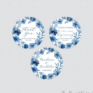 Printable OR Printed Navy Flower Wedding Stickers - Navy Blue Flower Circle Labels, Personalized Favor Tags/Stickers for Weddings 0043