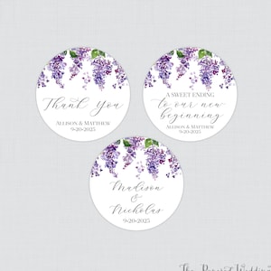 Printable OR Printed Purple Lilac Wedding Stickers - Lilac Flower Circle Favor Labels, Personalized Favor Tags/Stickers for Weddings 0044