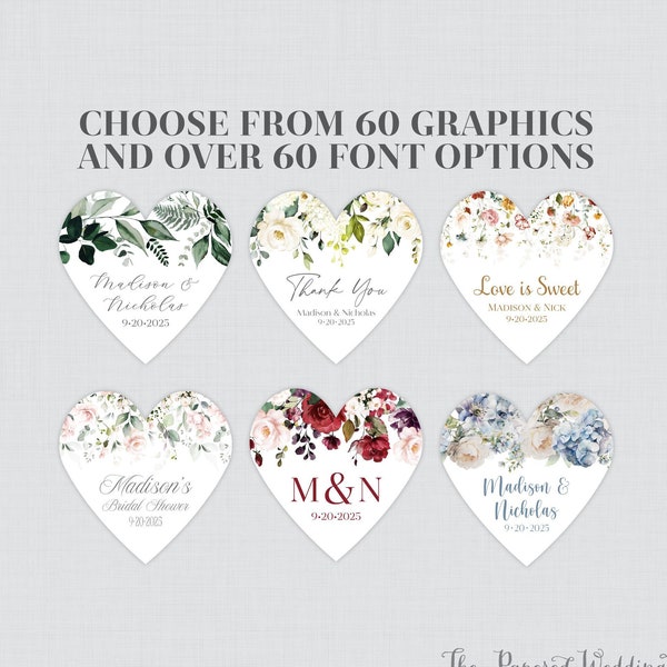 PRINTED Floral Heart Shaped Stickers with Custom Wording - Choose Your Flower Graphic, Fonts, and Font Colors - Favor Sticker Labels 0072