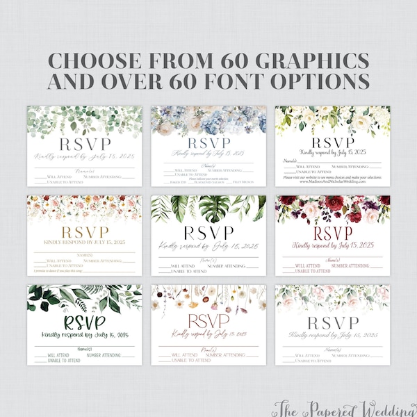 Printable OR Printed RSVP Cards - Choose From 60 Flower Graphics, Font, Font Colors - Semi-Custom Flower Wedding RSVP Response Cards 0072