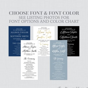 May include: A sample wedding ceremony program with a blue and gold color scheme. The program includes the names Allison Taylor and Matthew Smith, the date September 20, 2025, and the location Baltimore, MA. The program lists the order of events for the ceremony.