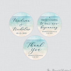 Printable OR Printed Beach Wedding Stickers - Watercolor Beach Themed Circle Labels, Personalized Summer Ocean Sand Favor Tags/Stickers 0035