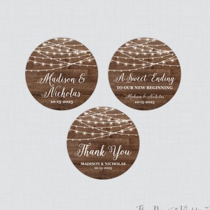 Printable OR Printed Rustic Wedding Stickers - Wood and String Lights Circle Wedding Labels, Personalized Favor Tags/Stickers Country 0036