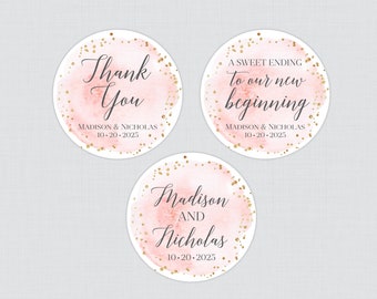 Printable OR Printed Pink and Gold Stickers - Pink Watercolor Circle Wedding Favor Labels, Personalized Floral Favor Stickers Wedding 0064