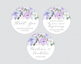 Printable OR Printed Purple Flower Wedding Stickers - Lilac/Lavender Floral Circle Favor Labels, Personalized Stickers for Weddings 0070