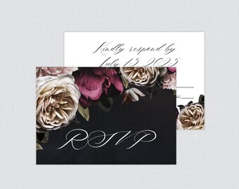May include: RSVP card with a black background and floral design. The text "RSVP" is written in cursive script. The card also includes the text "Kindly respond by July 15, 2025".
