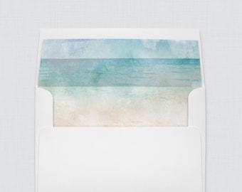 Wedding Envelopes with Beach Themed Envelope Liners - White A7 Envelopes with Watercolor Beach Envelope Liners, Ocean & Sand Liners 0035