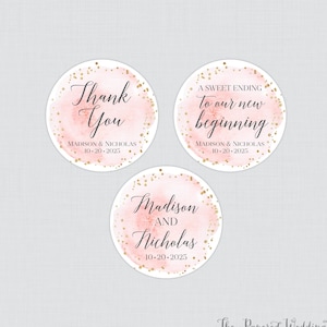Printable OR Printed Pink and Gold Stickers - Pink Watercolor Circle Wedding Favor Labels, Personalized Floral Favor Stickers Wedding 0064