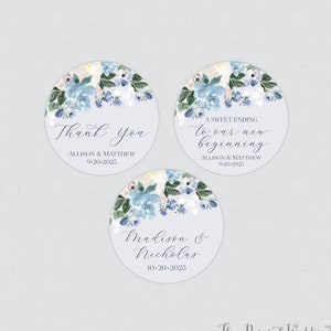 Printable OR Printed Blue Flower Wedding Stickers - Blue and Cream Floral Circle Labels, Personalized Favor Stickers for Wedding 0068