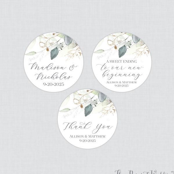 Printable OR Printed Green and Gold Wedding Stickers - Green Leaf & Gold Floral Circle Labels, Personalized Wedding Favor Tags/Stickers 0029