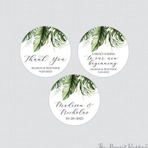 Printable OR Printed Green Palm Leaf Wedding Stickers - Tropical Summer Palm Leaf Circle Labels, Personalized Beach Palm Favor Stickers 0062