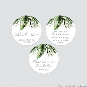 Printable OR Printed Green Palm Leaf Wedding Stickers - Tropical Summer Palm Leaf Circle Labels, Personalized Beach Palm Favor Stickers 0062