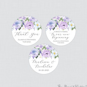 Printable OR Printed Purple Flower Wedding Stickers - Lilac/Lavender Floral Circle Favor Labels, Personalized Stickers for Weddings 0070