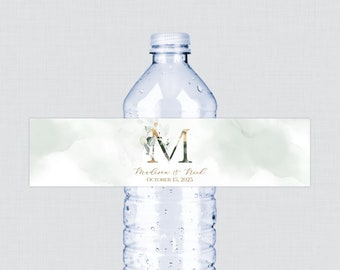 Printable OR Printed Green and Gold Monogram Water Bottle Labels - Green  Leaf & Gold Letter Monogram Labels for Wedding, Personalized 0039