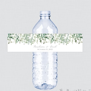 Printable OR Printed Eucalyptus Water Bottle Labels - Green Eucalyptus Leaves Personalized Water Bottle Labels, Green and White Labels 0059