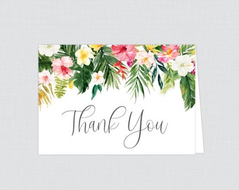 Printable OR Printed Folded Thank You Cards with Tropical Flowers & Palm Leaves - Hawaiian Floral Thank You Cards for Wedding, Hibiscus 0030
