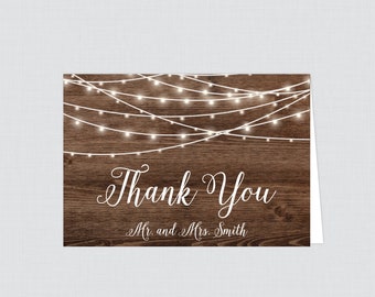 Printable OR Printed Rustic Wedding Thank You Cards - Wood and String Lights Thank You Cards for Wedding - Personalized Thank You Notes 0036