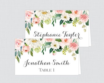 Printed Pink Flower Wedding Place Cards - Watercolor Pink and White Floral Wedding Table Place Cards,  Floral Place Cards for Wedding 0017