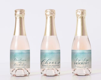 PRINTED Beach Wedding Mini Champagne Bottle Labels - Beach Themed Favor Labels - Tropical Ocean and Sand Cheers Bridal Shower Stickers 0035