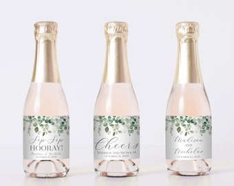 PRINTED Eucalyptus Wedding Mini Champagne Bottle Labels - Green Botanical Eucalyptus Favor Labels - Cheers Bridal Shower Favor 0059