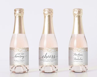 PRINTED Pink and Gold Mini Champagne Bottle Labels - Pink Watercolor and Gold Themed Favor Labels - Cheers Bridal Shower Wedding Labels 0064