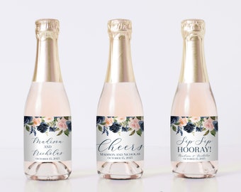 PRINTED Navy and Pink Flower Wedding Mini Champagne Bottle Labels - Navy Blush Pink Floral Favor Labels - Cheers Bridal Shower Stickers 0026
