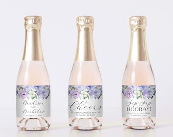 PRINTED Purple Flower Wedding Mini Champagne Bottle Labels - Purple Floral Favor Labels - Cheers, Sip Sip Hooray Bridal Shower Stickers 0070