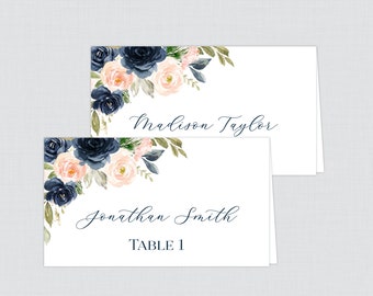 Printed Wedding Place Cards - Navy and Pink Floral Wedding Table Place Cards, Rustic Navy & Pink Printable Place Cards for Wedding 0026