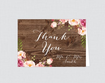 Printable OR Printed Rustic Wedding Thank You Cards - Pink Flower and Wood Thank You Cards for Wedding - Rustic Floral Thank You Card 0004-B