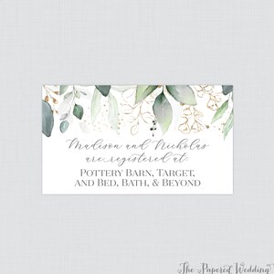 Printable OR Printed Green and Gold Wedding Registry Cards - Green Leaf and Gold Floral Registry Invitation Inserts, Botanical Greenery 0029