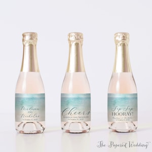 PRINTED Beach Wedding Mini Champagne Bottle Labels - Beach Themed Favor Labels - Tropical Ocean and Sand Cheers Bridal Shower Stickers 0035