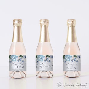 PRINTED Blue Flower Wedding Mini Champagne Bottle Labels - Blue Floral Favor Labels - Cheers, Sip Sip Hooray Bridal Shower Stickers 0068