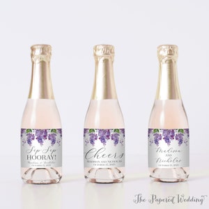 PRINTED Purple Lilac Wedding Mini Champagne Bottle Labels - Purple Floral Favor Labels - Cheers, Sip Sip Hooray Bridal Shower Stickers 0044