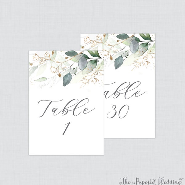 Printable Green and Gold Wedding Table Numbers - Green Leaf & Gold Floral Table Numbers for Wedding - Instant Download Numbers 1-30 0029