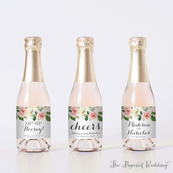 PRINTED Pink and White Floral Mini Champagne Bottle Labels - Pink Flower Wedding Favor Labels - Cheers, Sip Hooray Bridal Shower 0017