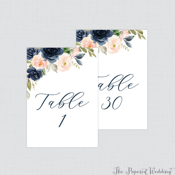 Printable Navy and Pink Floral Wedding Table Numbers - Table Numbers for Wedding with Navy and Blush Pink Flowers, Numbers 1-30, 0026