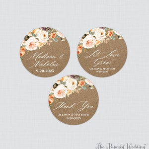 Printable OR Printed Rustic Autumn Floral Wedding Stickers - Orange, Pink, Cream Floral Circle Wedding Labels, Favor Tags, Stickers 0028
