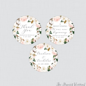 Printable OR Printed Magnolia and Pink Flower Wedding Stickers - Magnolia Flower & Leaf Circle Labels, Personalized Favor Stickers - 0065