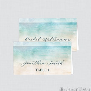 Printed Beach Wedding Place Cards - Watercolor Beach Themed Table Place Cards, Summer Ocean & Sand Place Cards with Guest Names Tables 0035