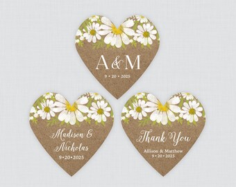 PRINTED Daisy and Kraft Heart Shaped Stickers with Custom Wording - Rustic White Daisy Flower Heart Wedding Shower Favor Labels - 0052