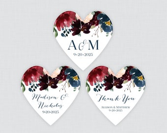 PRINTED Marsala and Navy Flower Heart Shaped Stickers with Custom Wording - Burgundy Pink Navy Floral Heart Wedding Shower Favor Labels 0010