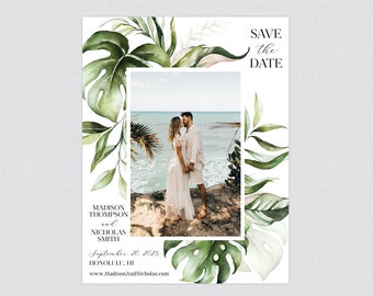 Printable OR Printed Tropical Photo Save the Date Cards - Green Palm Leaf Picture Save our Date Cards for Wedding - Hawaiian, Beach 062