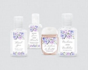 Purple Flower Hand Sanitizer Labels - Printed Lavender/Lilac Purple Floral Wedding Hand Sanitizer Favor Stickers in Five Size Options 0070