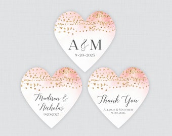 PRINTED Pink and Gold Watercolor Heart Shaped Stickers with Custom Wording - Blush Pink and Gold Heart Wedding or Shower Favor Labels 0064