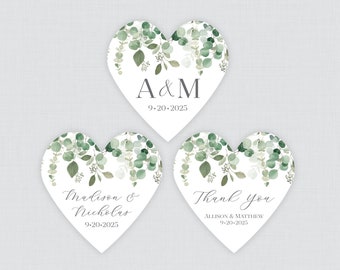 PRINTED Eucalyptus Heart Shaped Stickers with Custom Wording - Green Eucalyptus Leaf Botanical Floral Heart Wedding Shower Favor Labels 0059