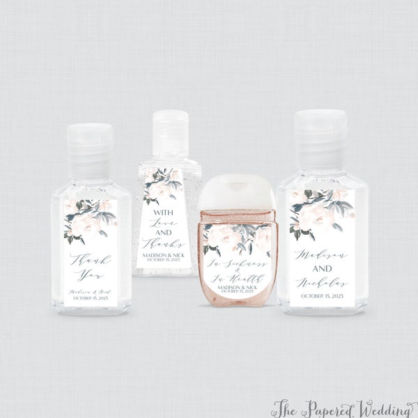 Neutral Floral Hand Sanitizer Labels - Printed White Cream Flower & Blue Gray Leaves Wedding Mini Hand Sanitizer Favor Stickers, 5 Size 0058